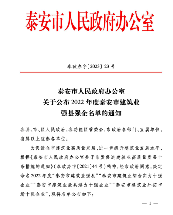 公司荣获“泰安市建筑业综合实力十强企业”、“泰安市建筑业外拓市场十强企业”称号
